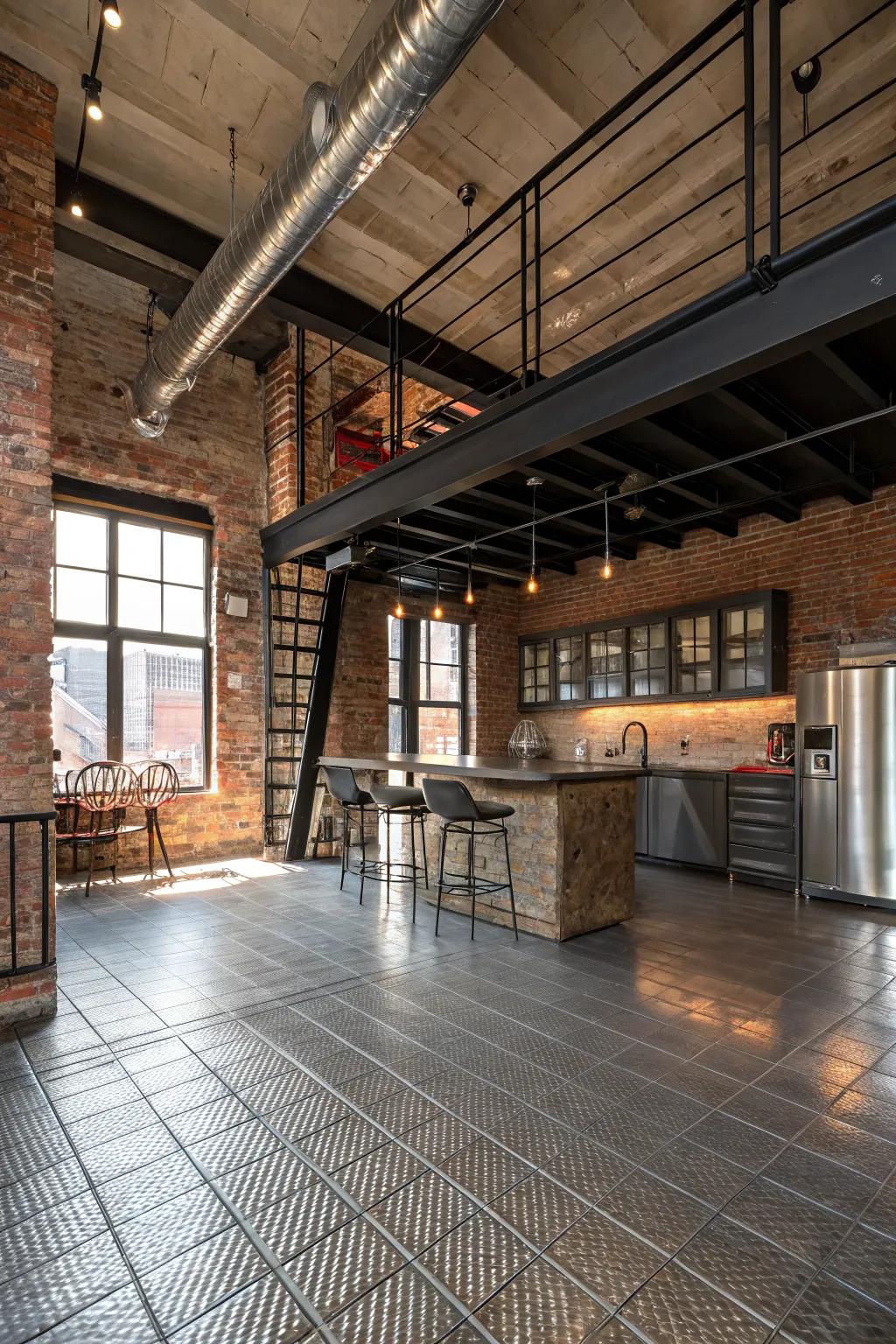 This urban loft is given an industrial chic touch with metallic tiles.
