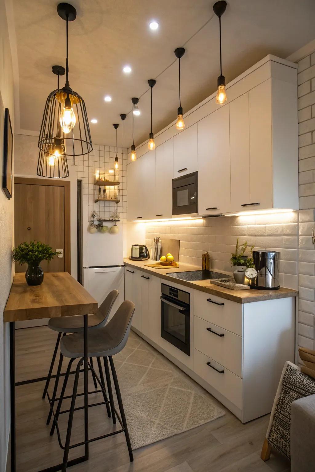 Innovative lighting fixtures infuse warmth and style into a small kitchen.