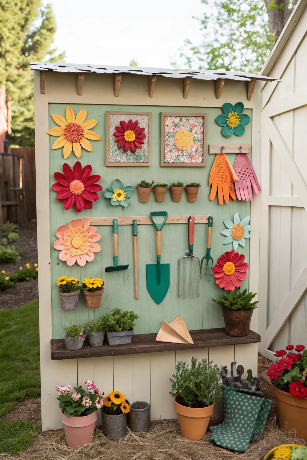 A horticultural-themed display featuring paper blossoms.