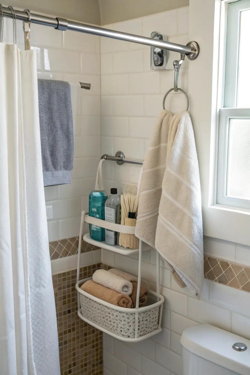 A second shower rod provides extra storage within reach.
