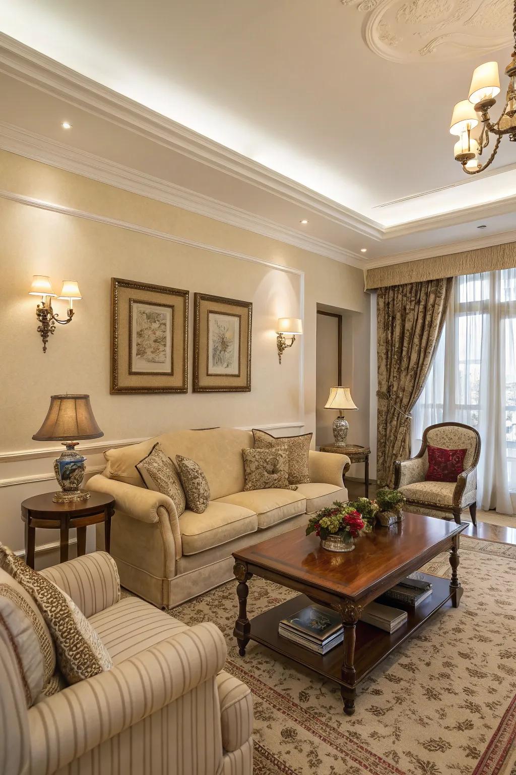 A townhouse sitting room featuring elegant cream walls for timeless style.