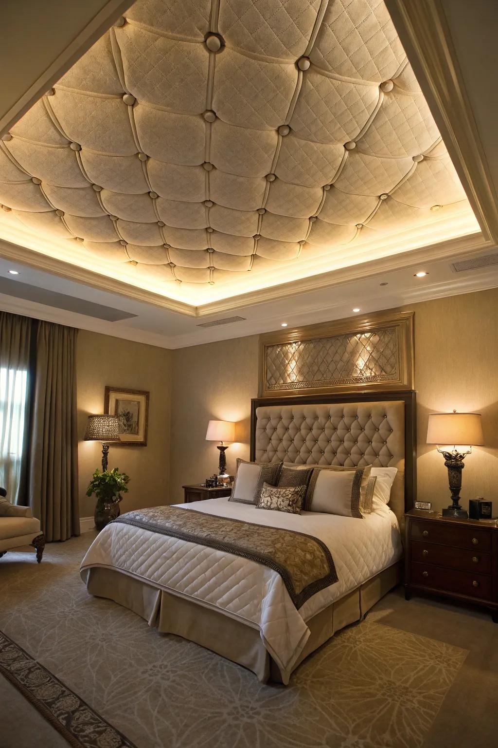 A bedroom showcasing an upholstered tray ceiling that enhances softness.
