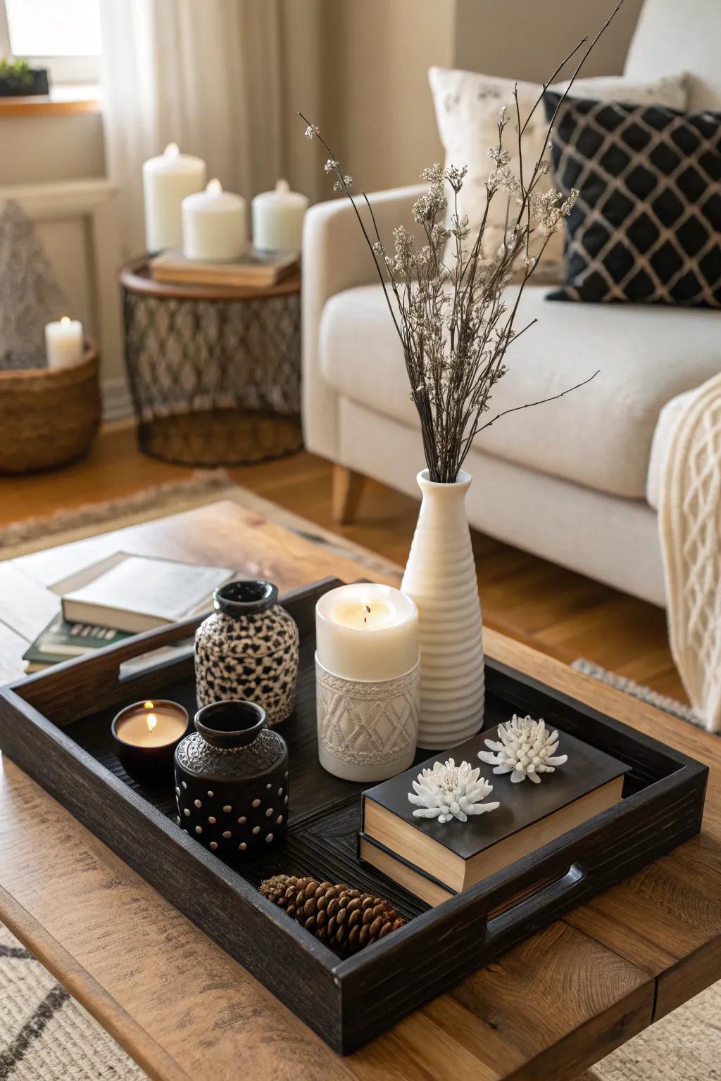 Achieve sophistication with a monochrome tray display.