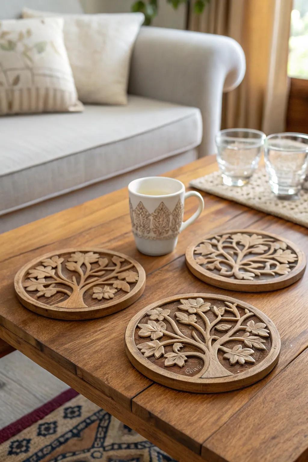Arbor Vitae drink mats add charm and protection to a coffee table.