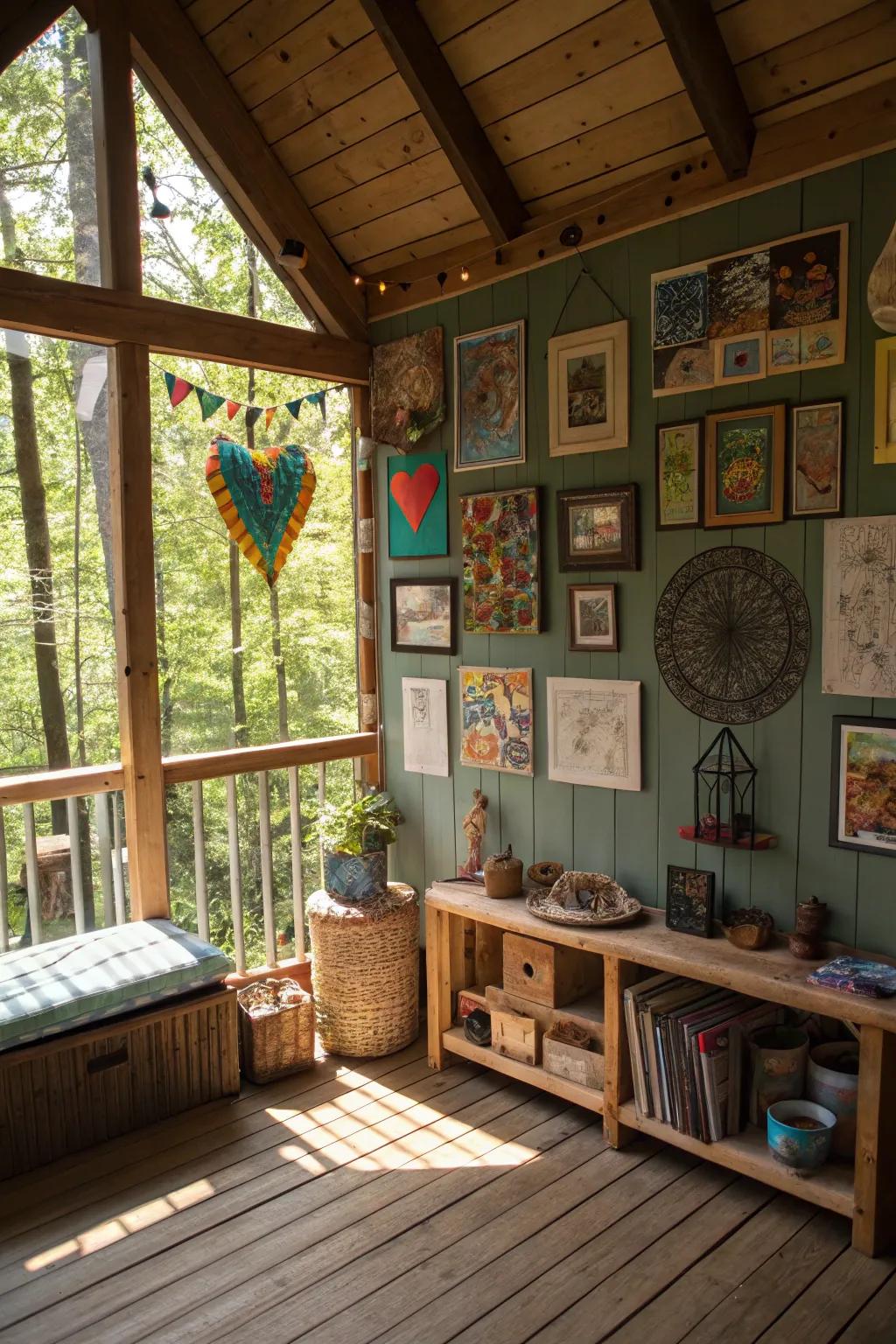 An art display wall inside a treehouse, exhibiting ingenuity and contributing a personal accent.