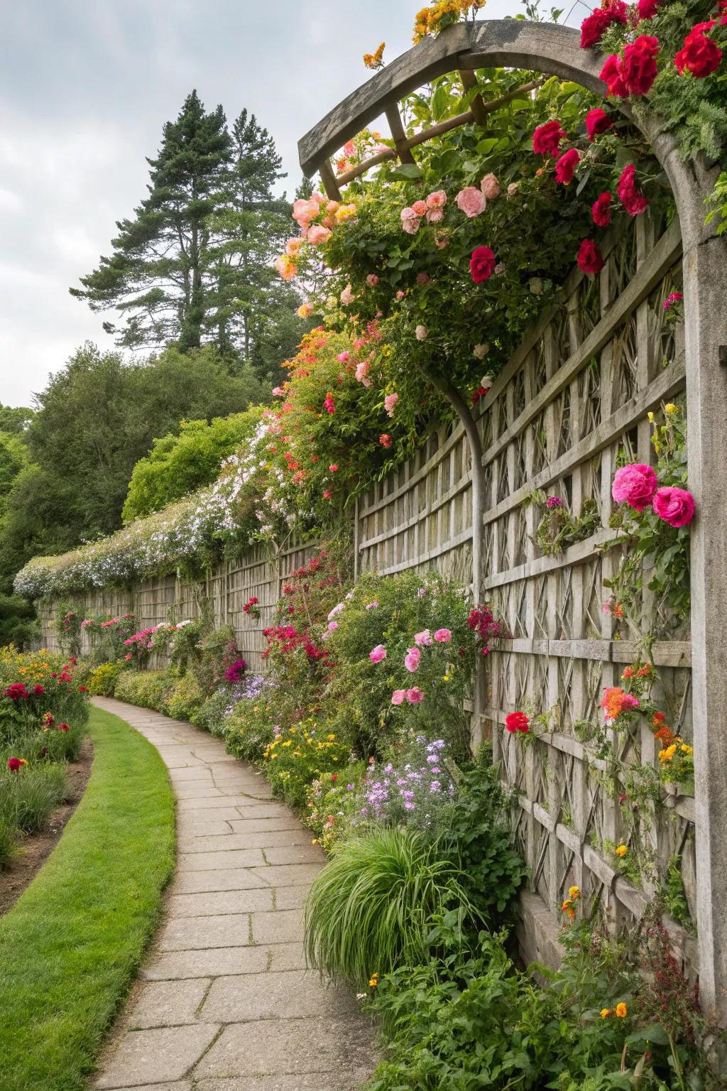 Add whimsy with a curved trellis in your garden.