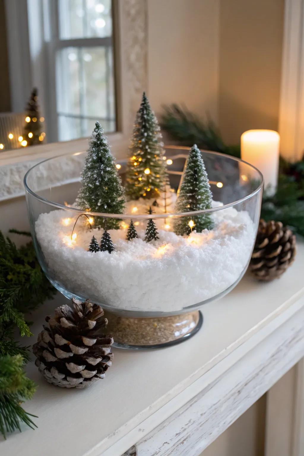 A trifle bowl depicting an enchanting winter wonderland.