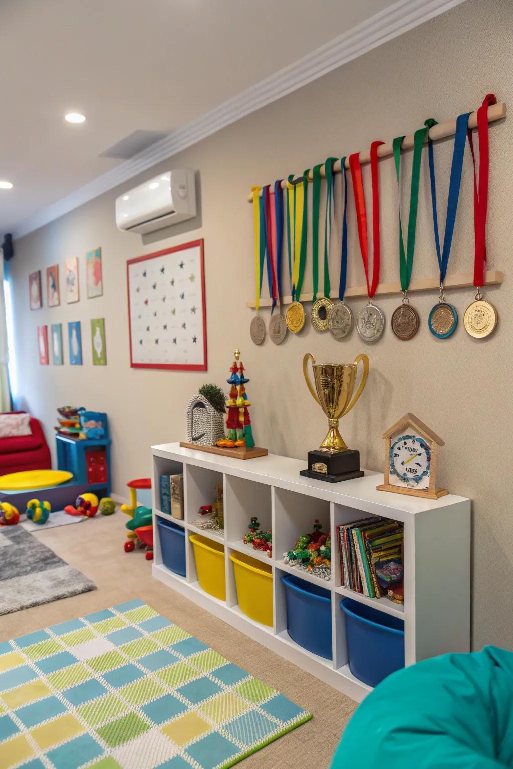 Playful award display in a playroom