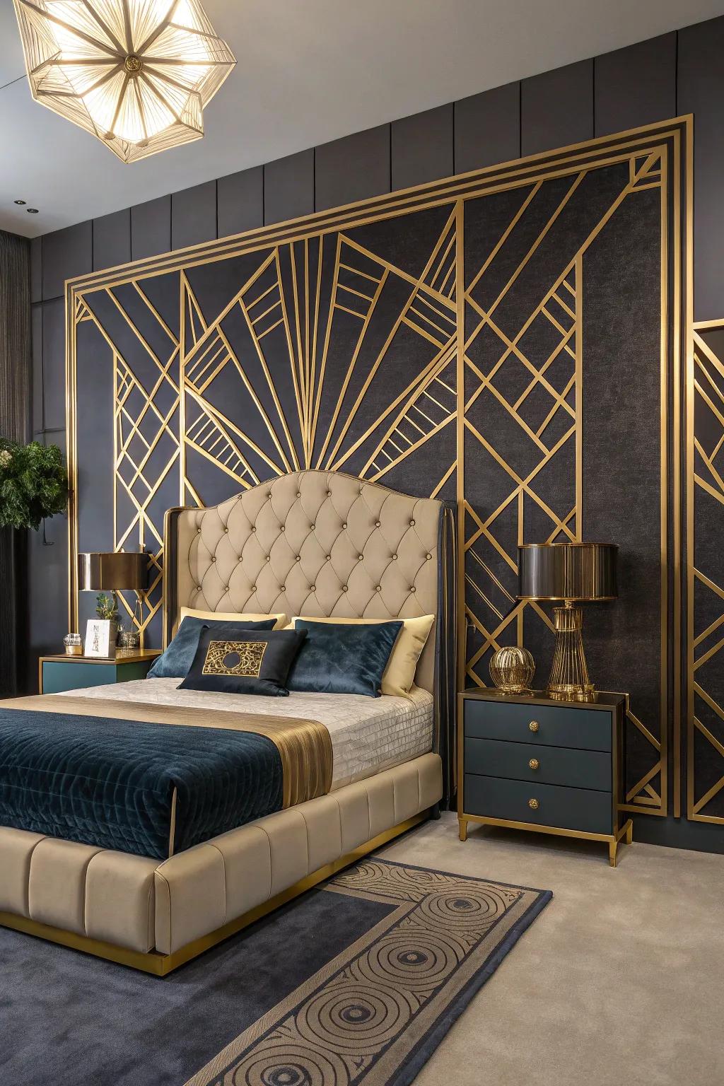 An Art Deco bedroom with a striking tufted headboard.