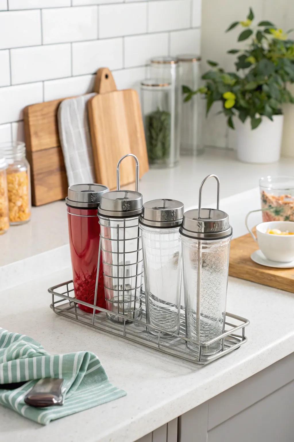 Metal frame for accessible tumbler storage.