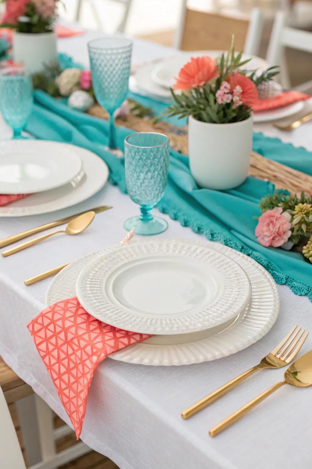 Turquoise and coral collectively create a lively and cheerful setting.