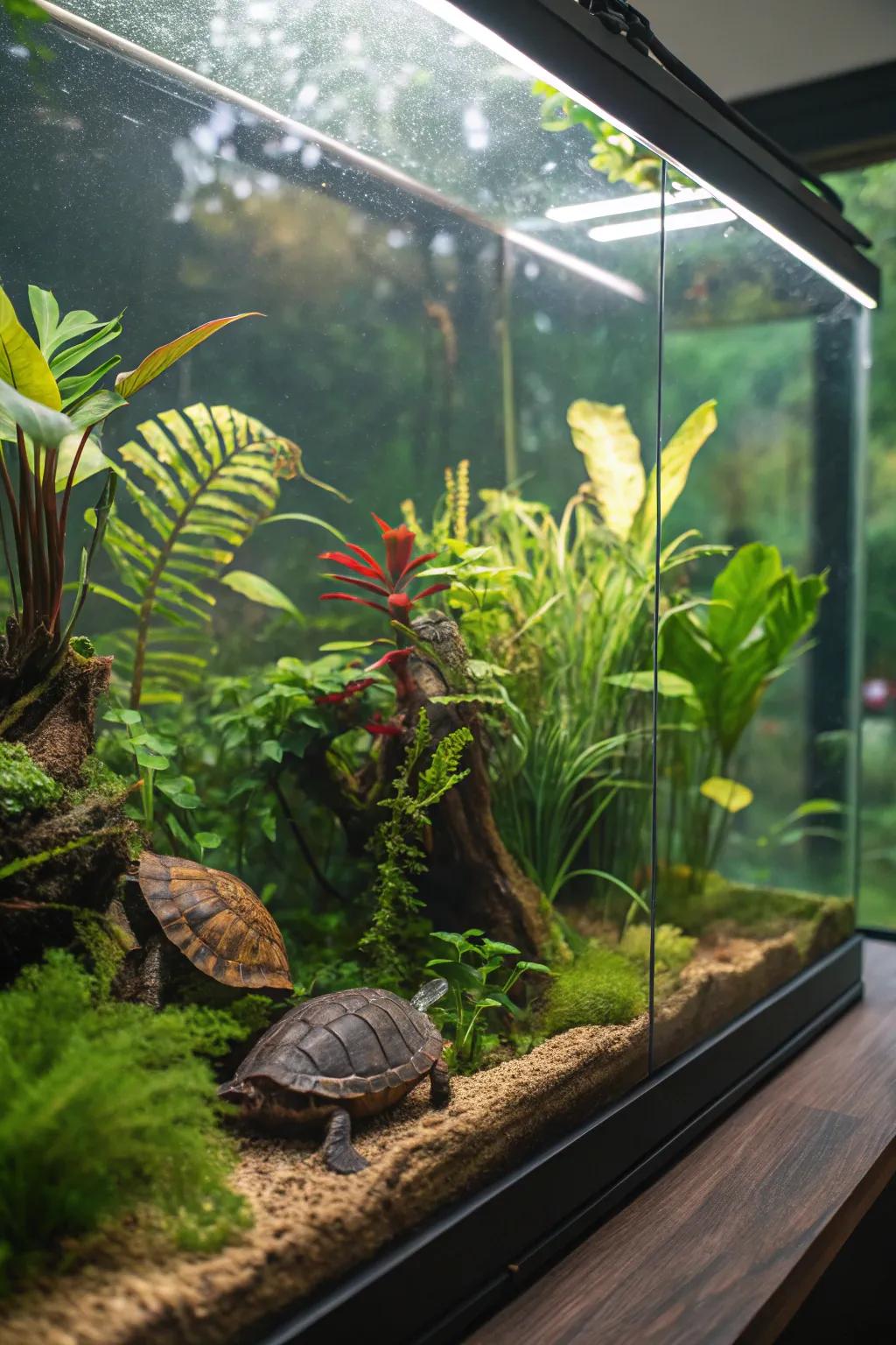 A jungle motif delivers both aesthetic value and protection for the turtle.