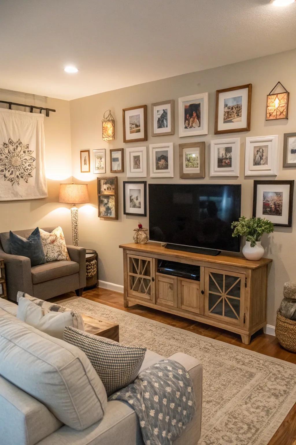 Personal snapshots add warmth to this featured TV gallery wall.