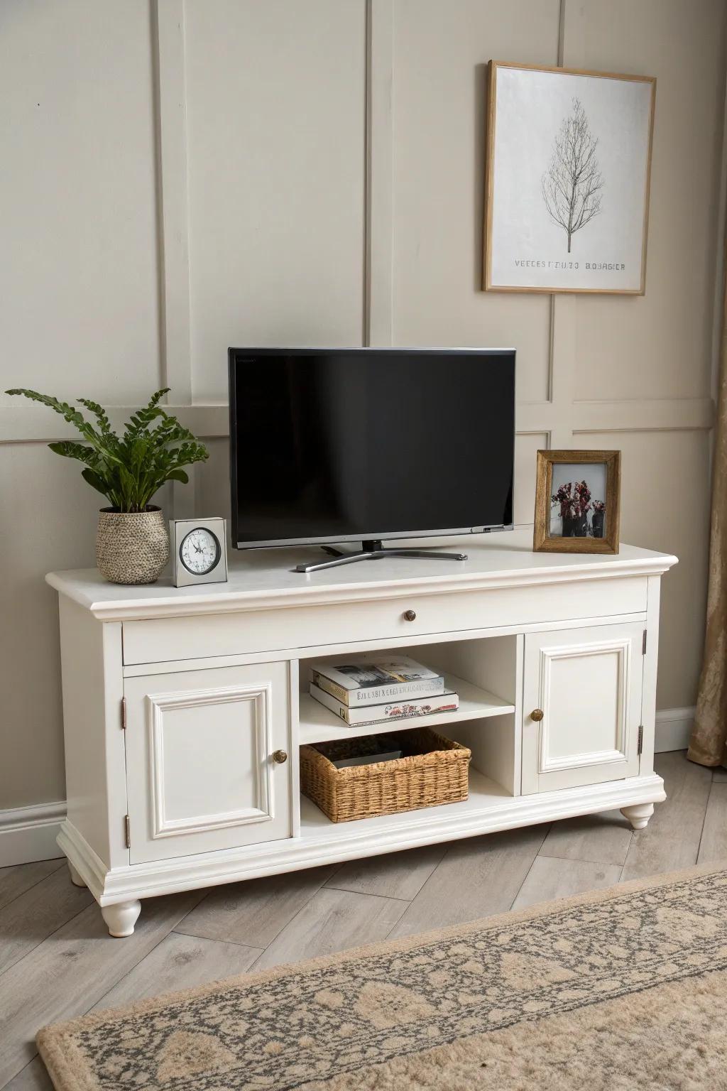 A white TV stand provides timeless sophistication and versatility.