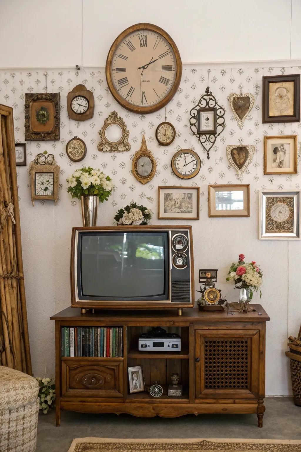 Vintage elements introduce charm to this TV wall.