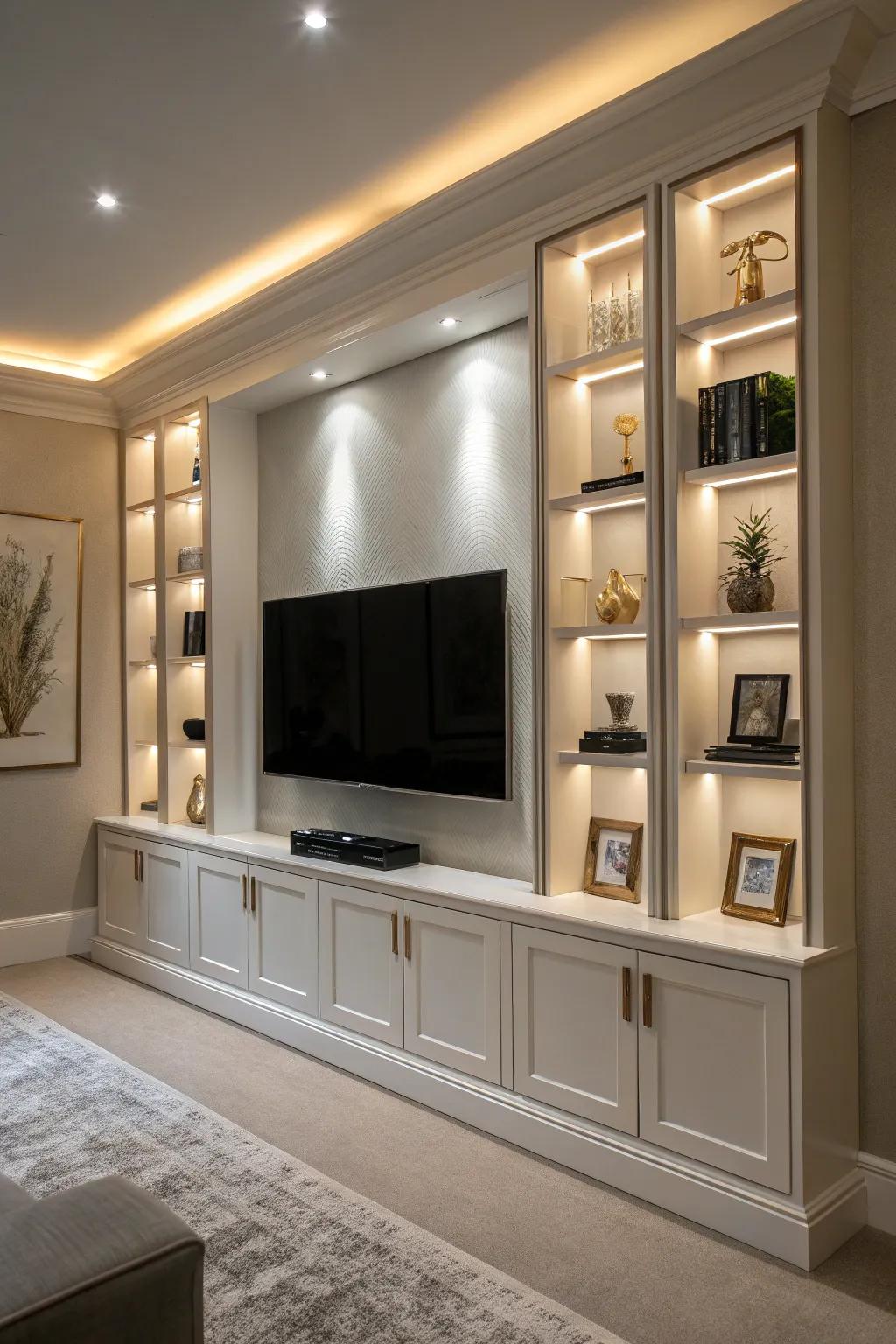 Built-in wall spaces provide a sleek and functional TV wall design.