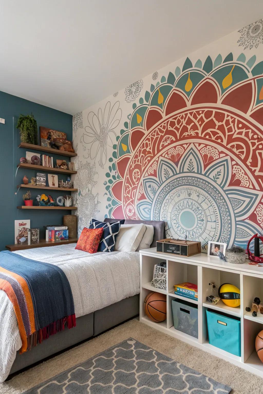 A bold wall mural in a tween boy's bedroom.