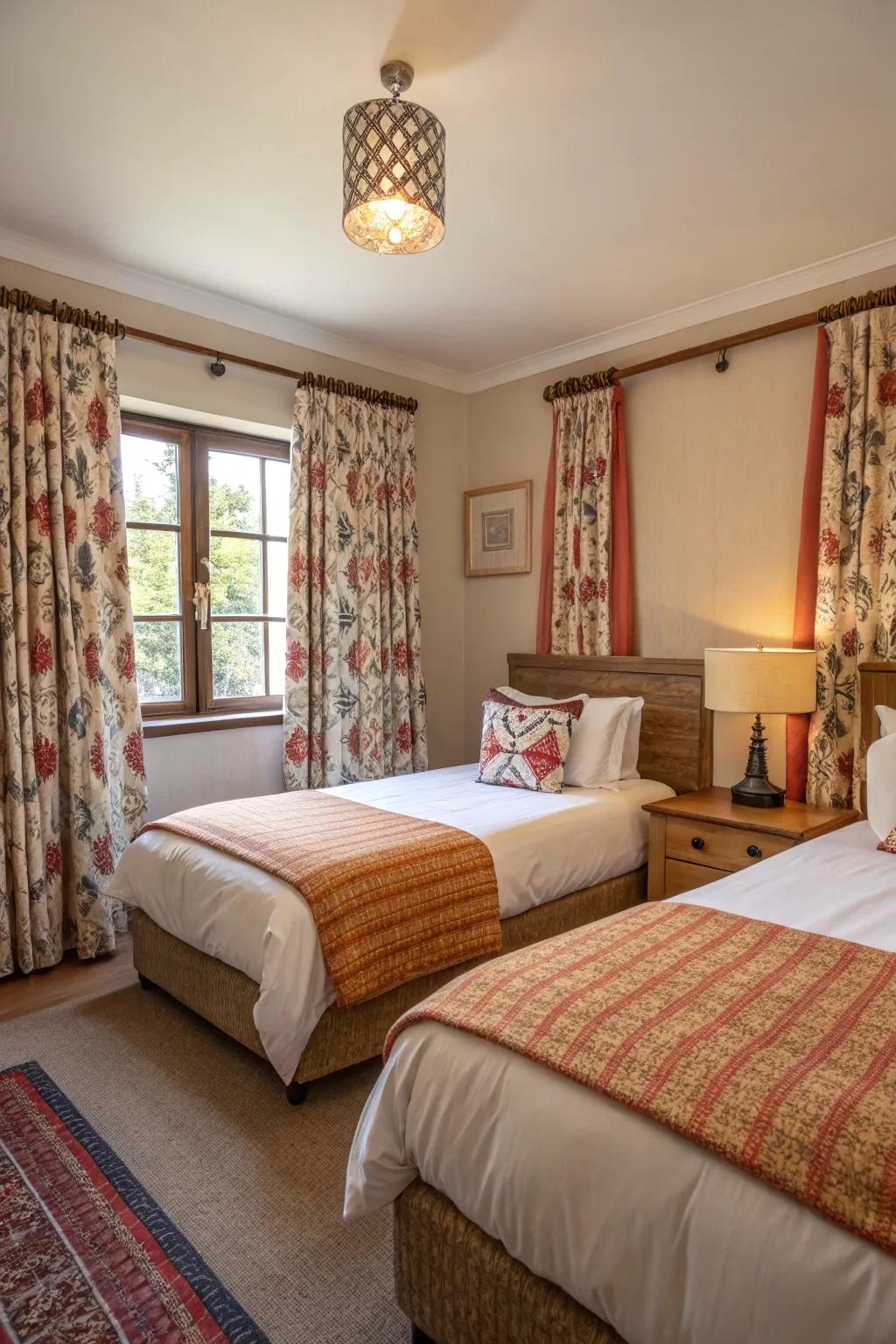 Creative curtains amplify the room's aesthetic with style and personality.