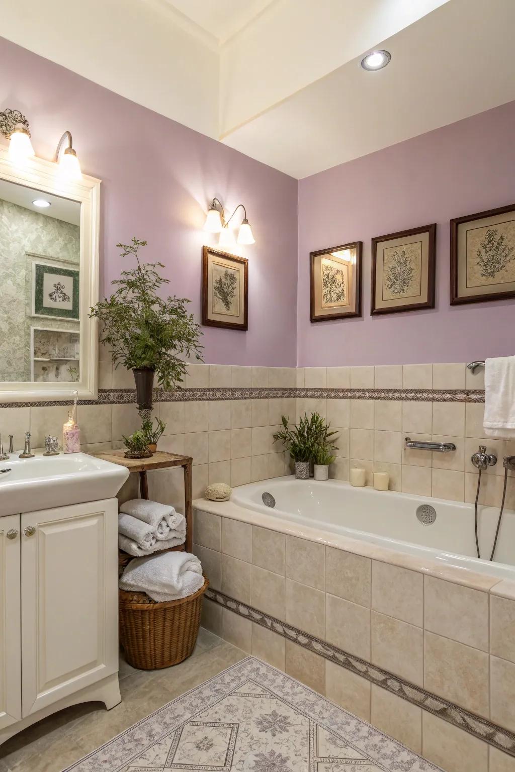 A delicate lilac and cream two-tone wall design that fashions a tranquil escape.