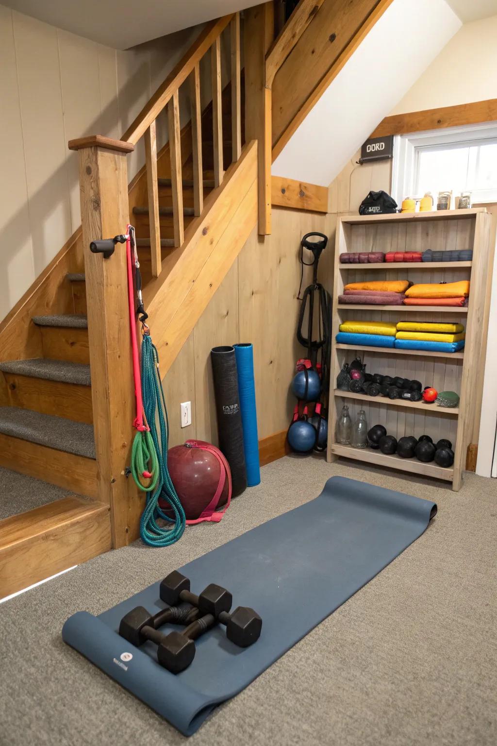 Stay active with a gym beneath the stairs.