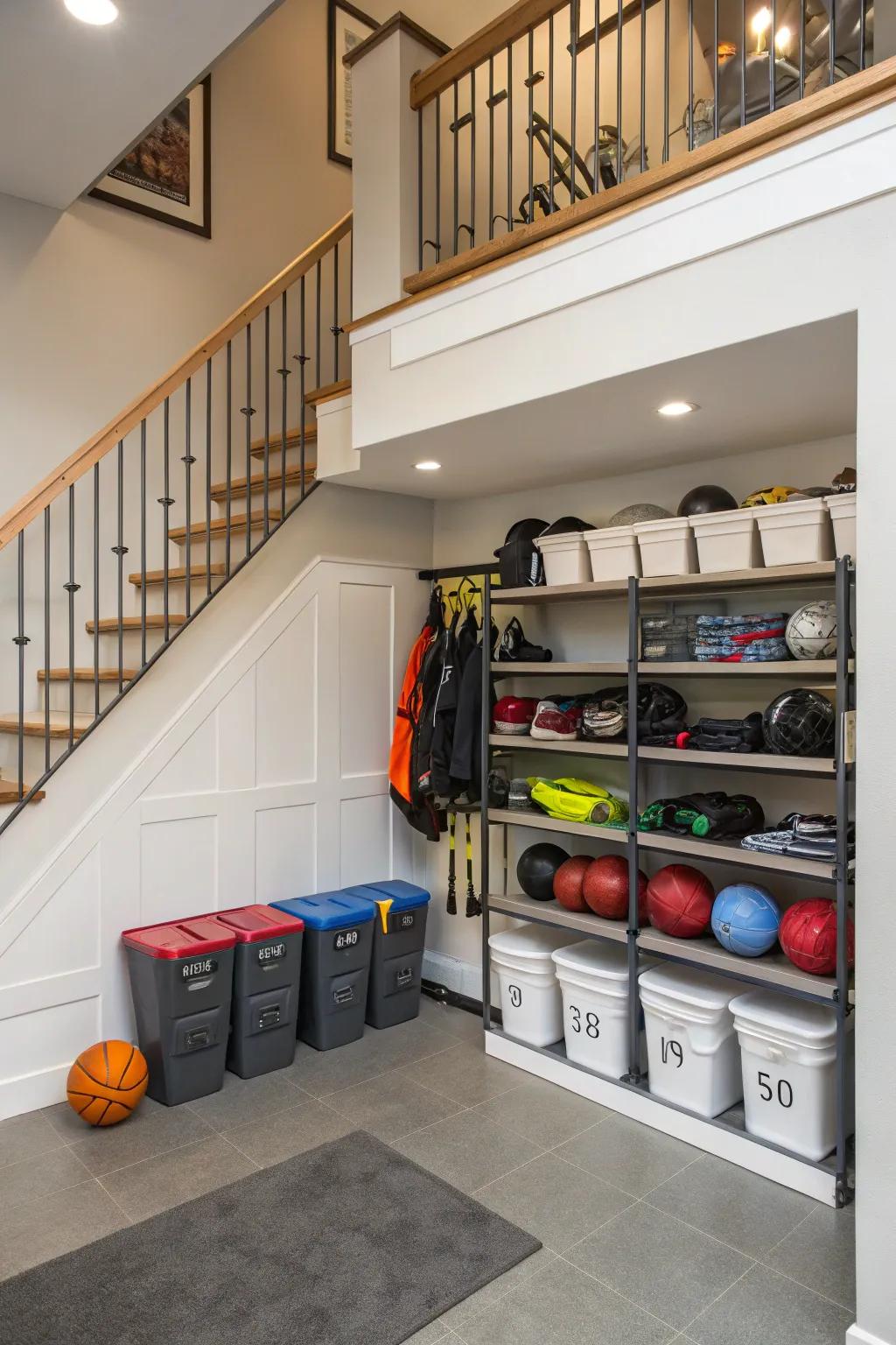 A sports equipment locker beneath the stairs for active families.
