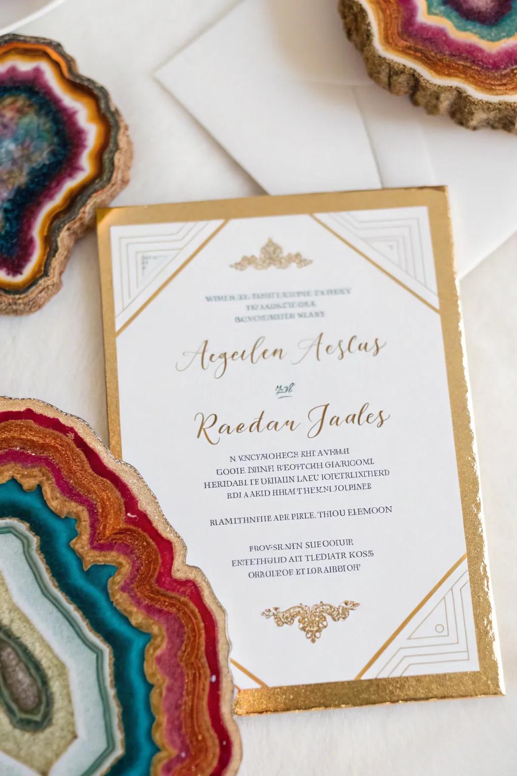 Crystal rock prints offer a striking and earthy invitation style.