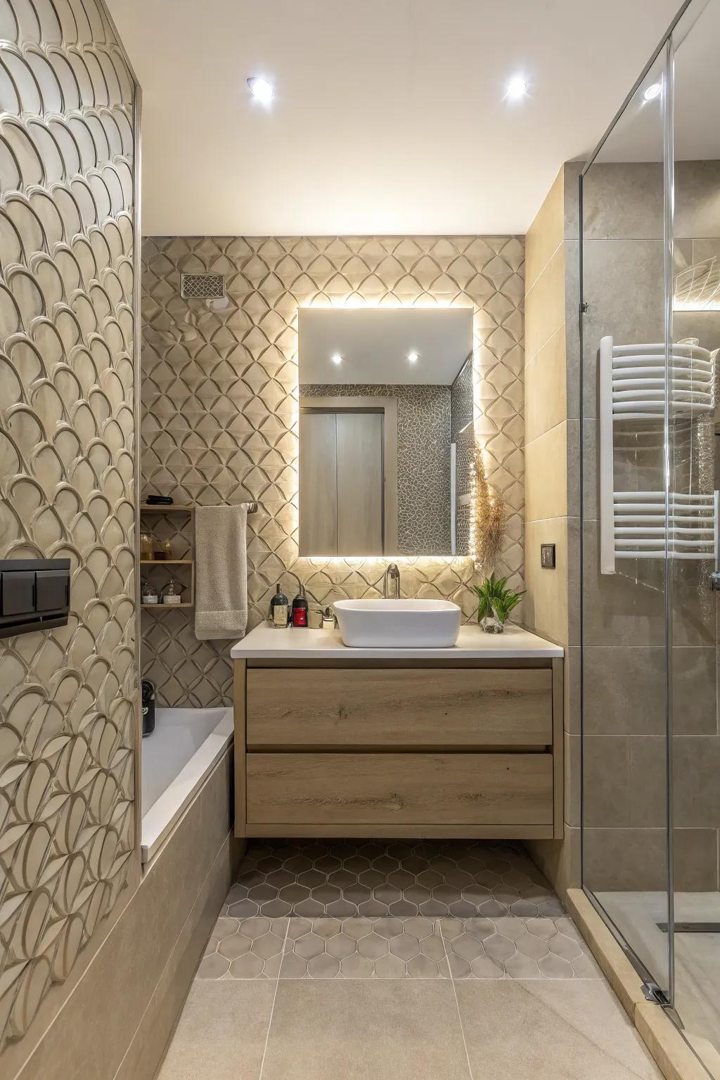 Textured walls make a bathroom space more dynamic and inviting.