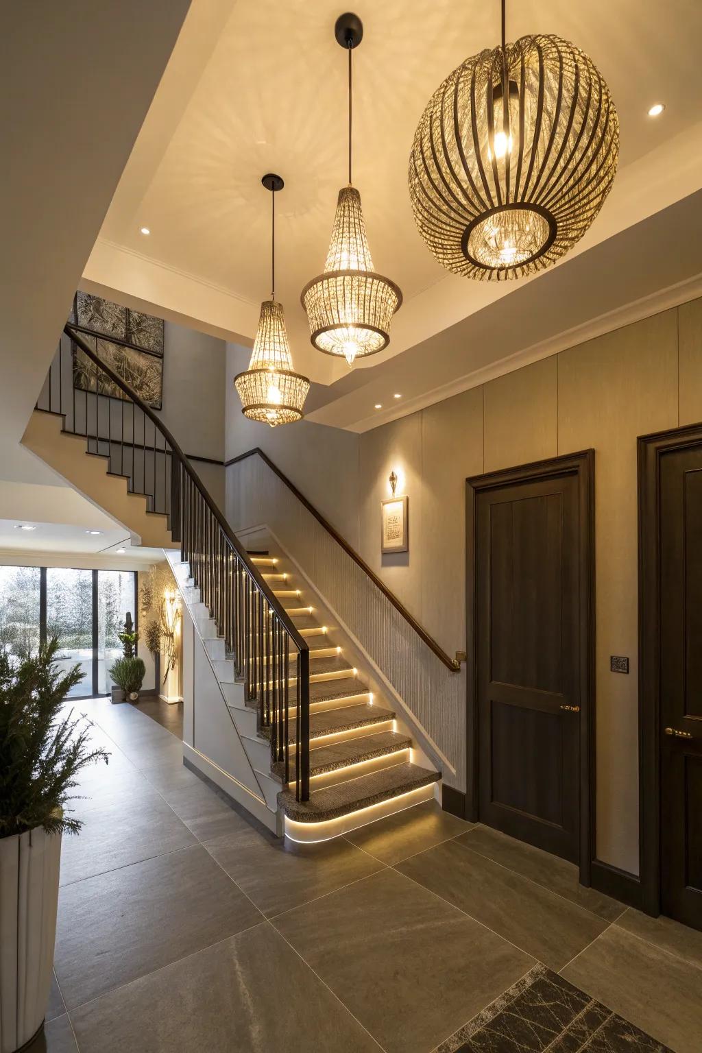 Pendant lighting enhances the ambiance of the upstairs landing.
