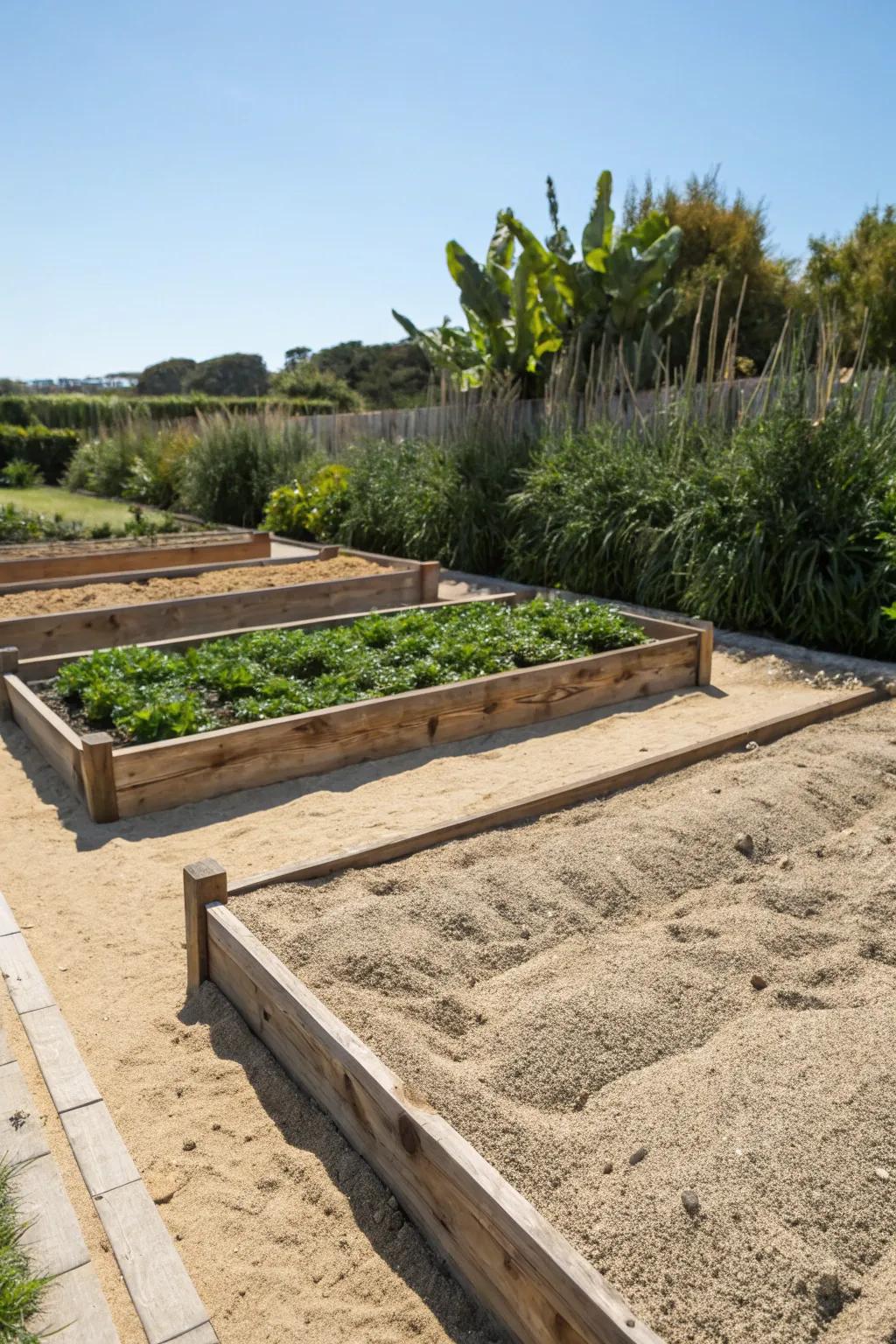 Stylish sand mulch protects and tidies garden beds.