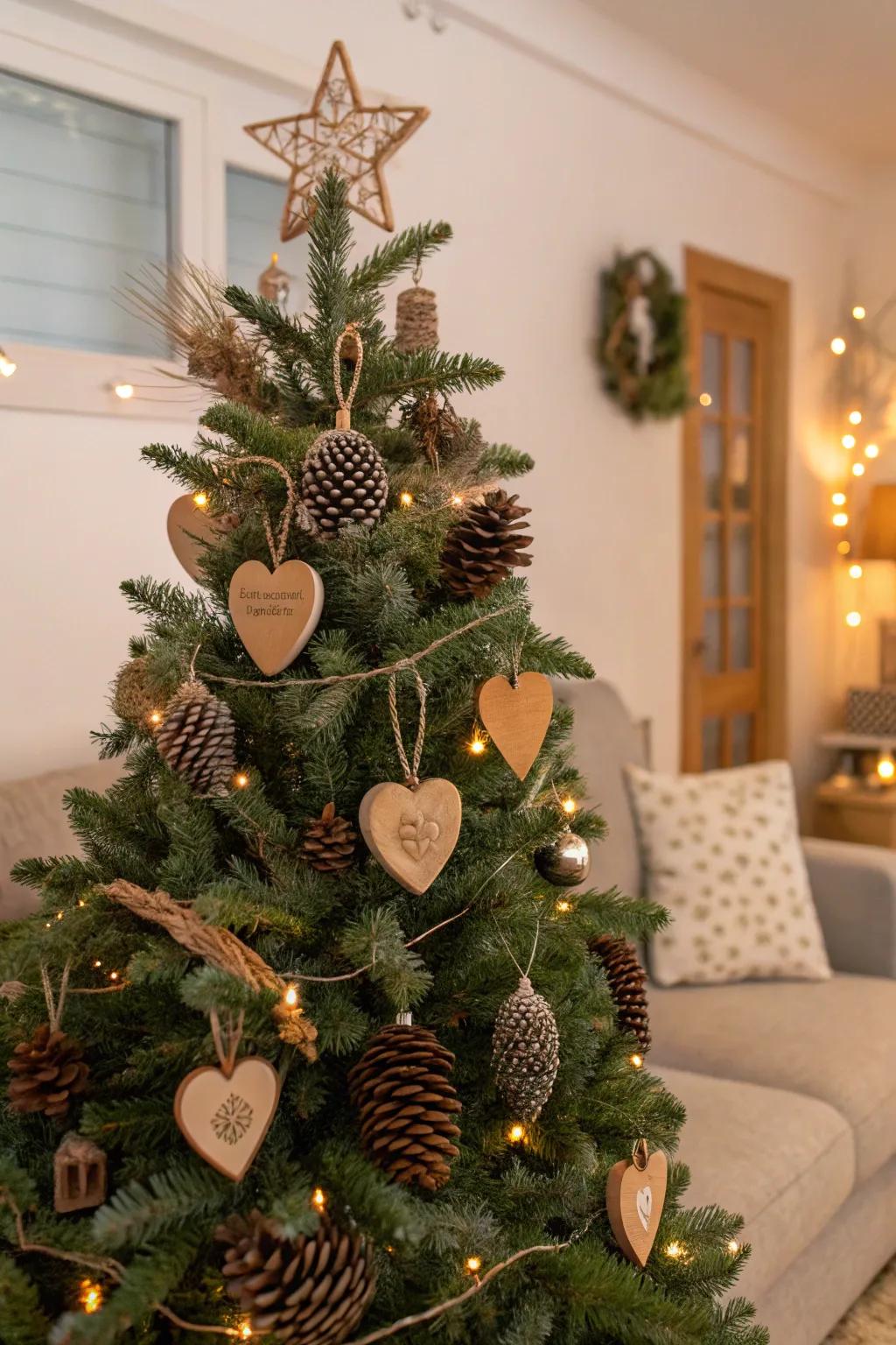 Natural elements add warmth and rustic charm to your Valentine's tree.
