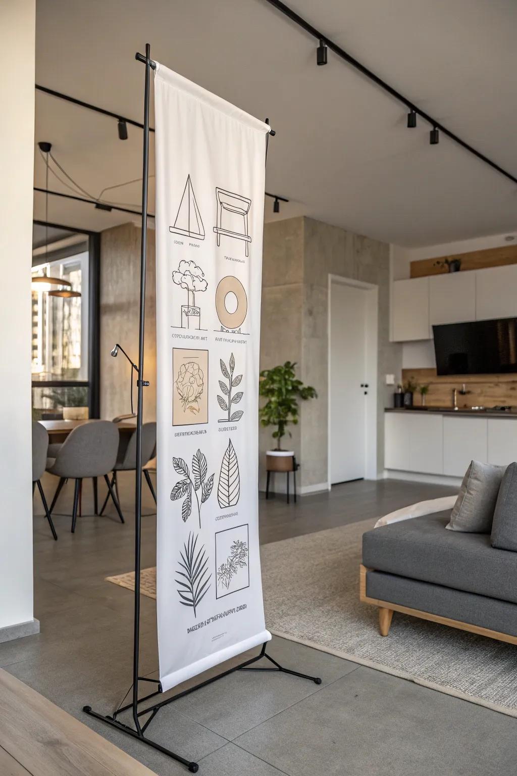 Minimalist line art enhances a contemporary space.