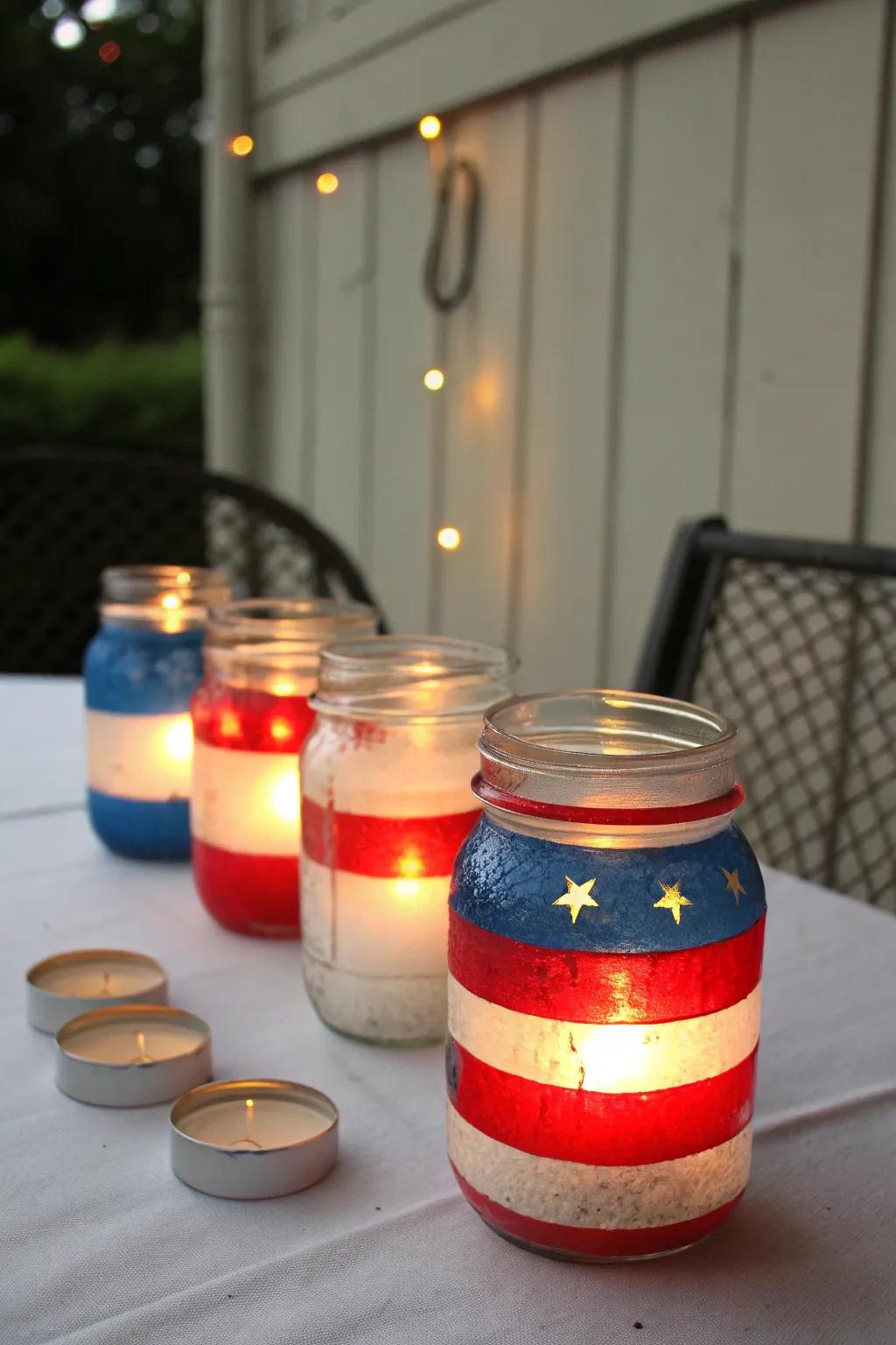 Preserving jar lights offering a cozy and patriotic glow.