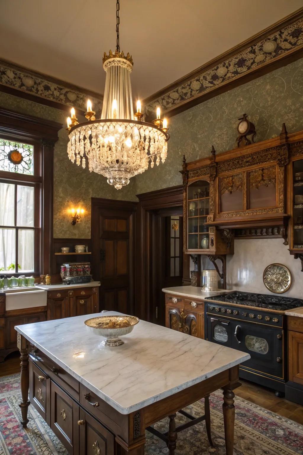 Era-Specific lighting contributes historical charm to the Victorian kitchen.