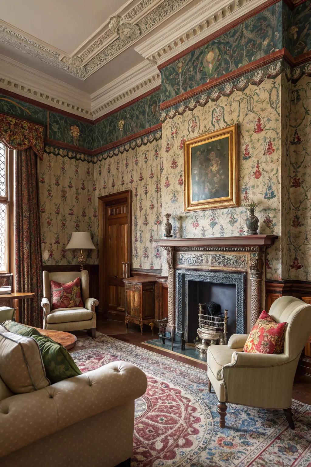 Decorative wallpaper transforms walls into a canvas of Victorian artistry.