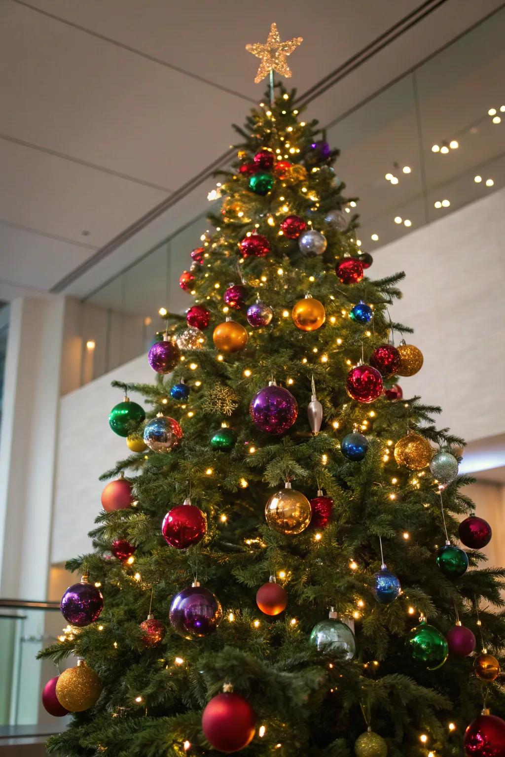 A maximalist showcase of vintage glass ornaments.