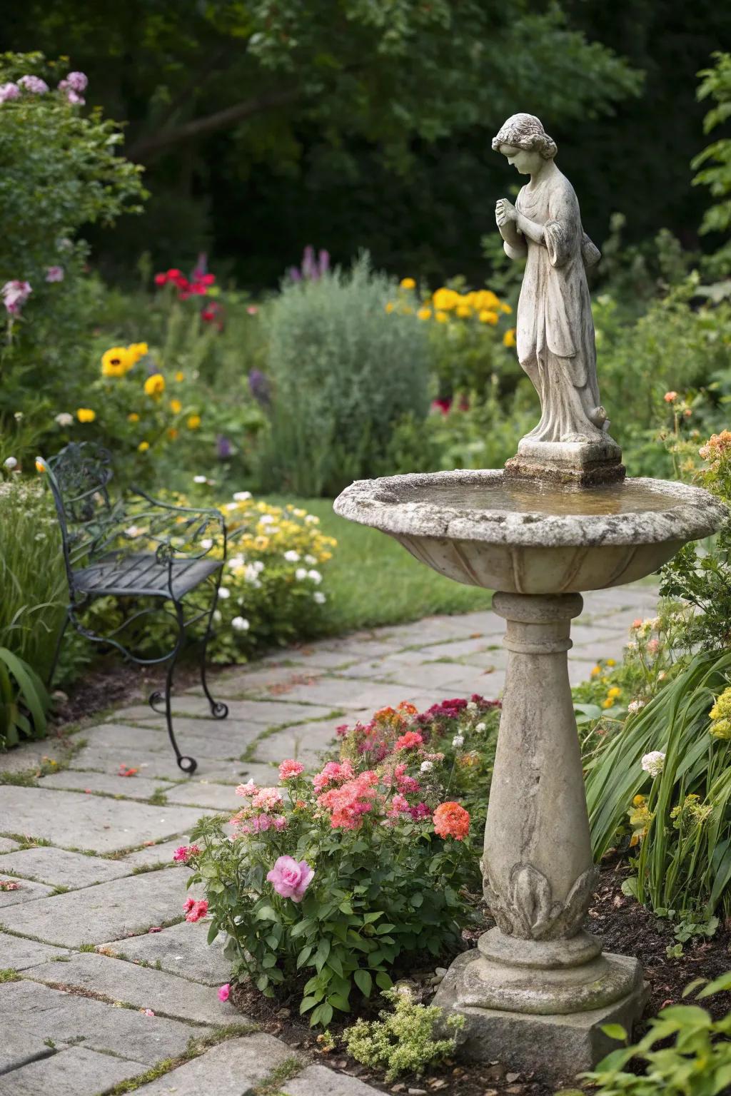Sculptures and bird baths contribute a sophisticated atmosphere to garden spaces.