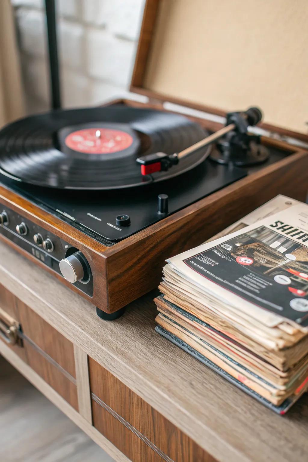 A retro record player sets the musical atmosphere through classic tunes.