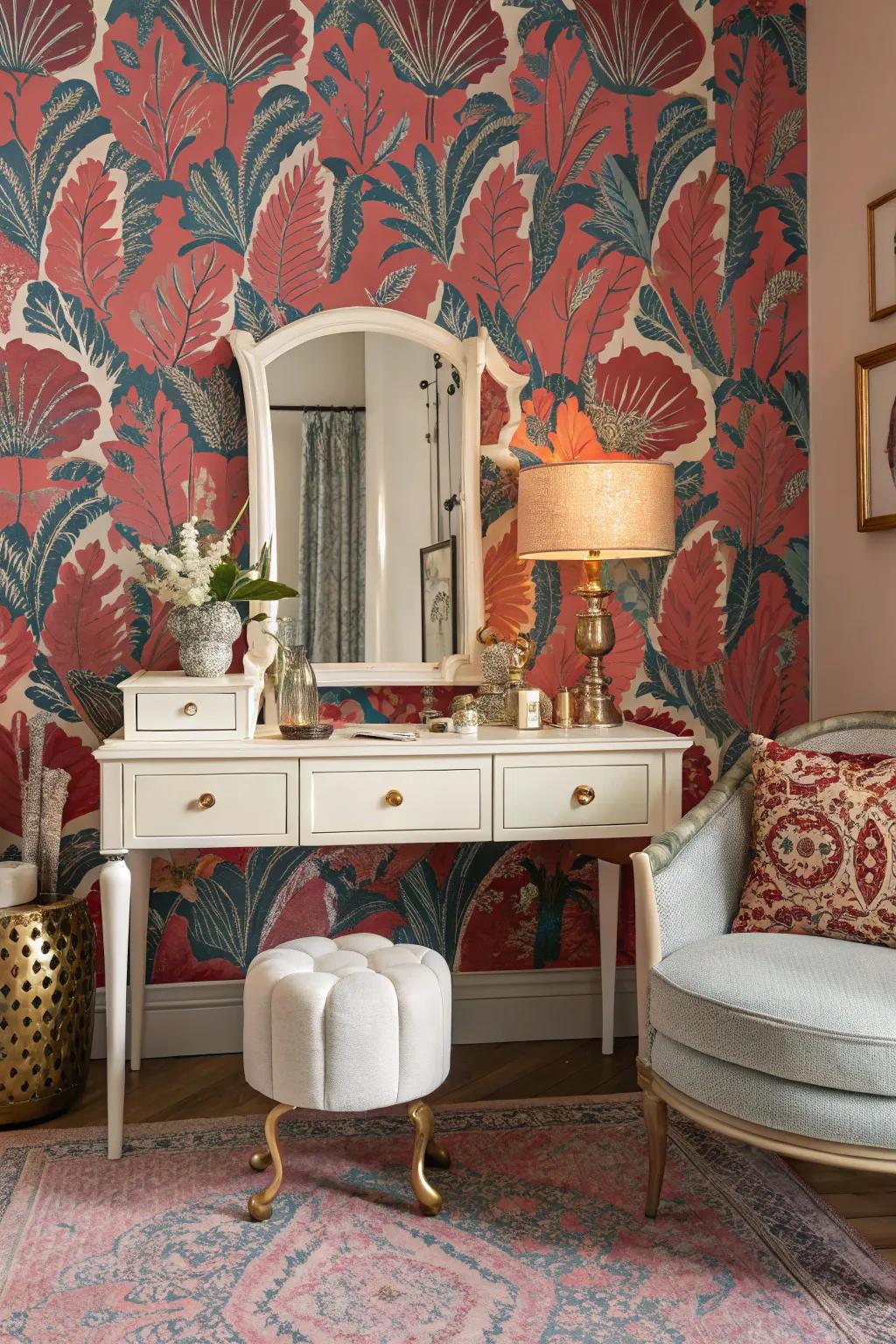Daring wallpaper scenery enhances the beauty of antique vanities.
