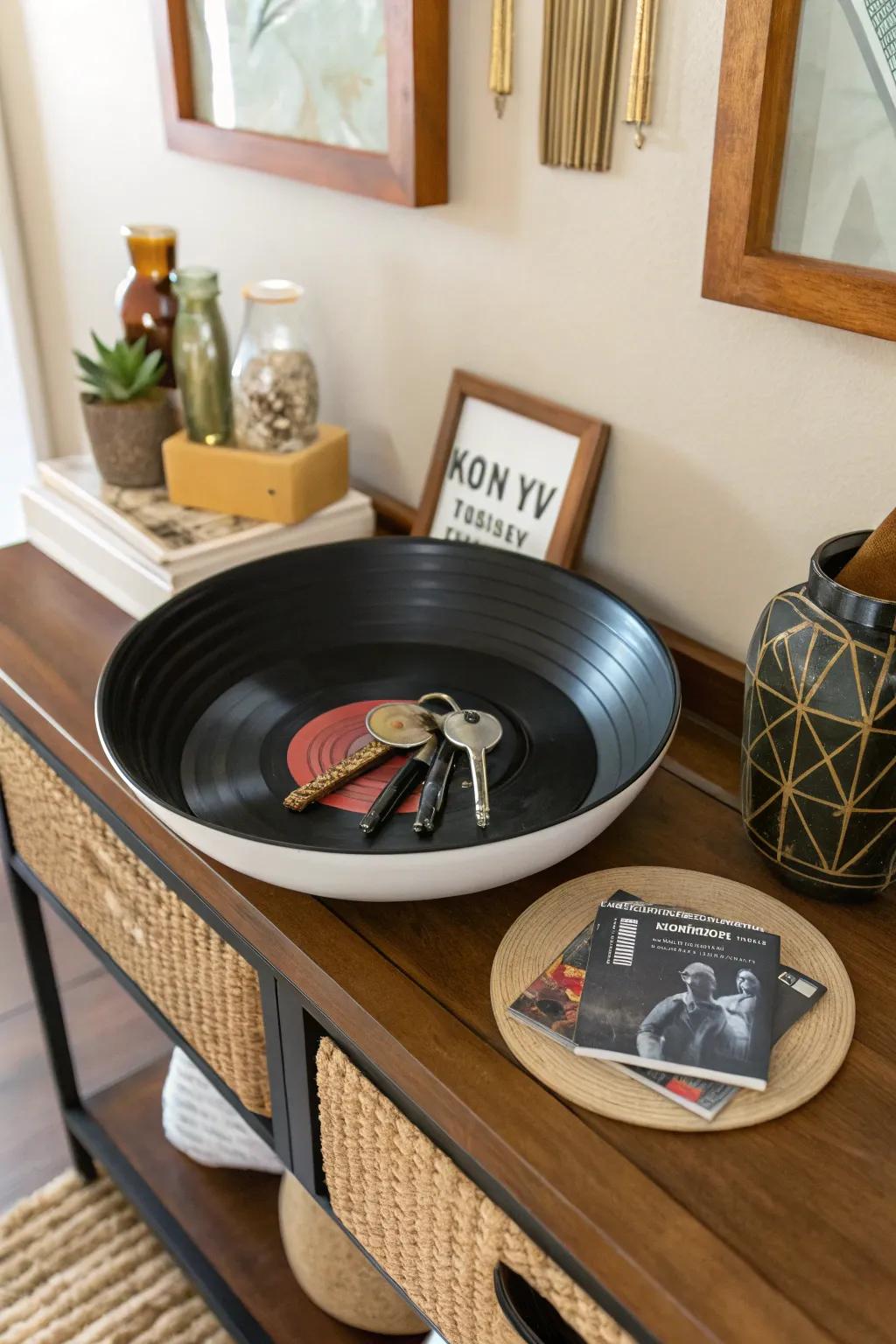 Fashion vinyl circles into basins for unique storage options.