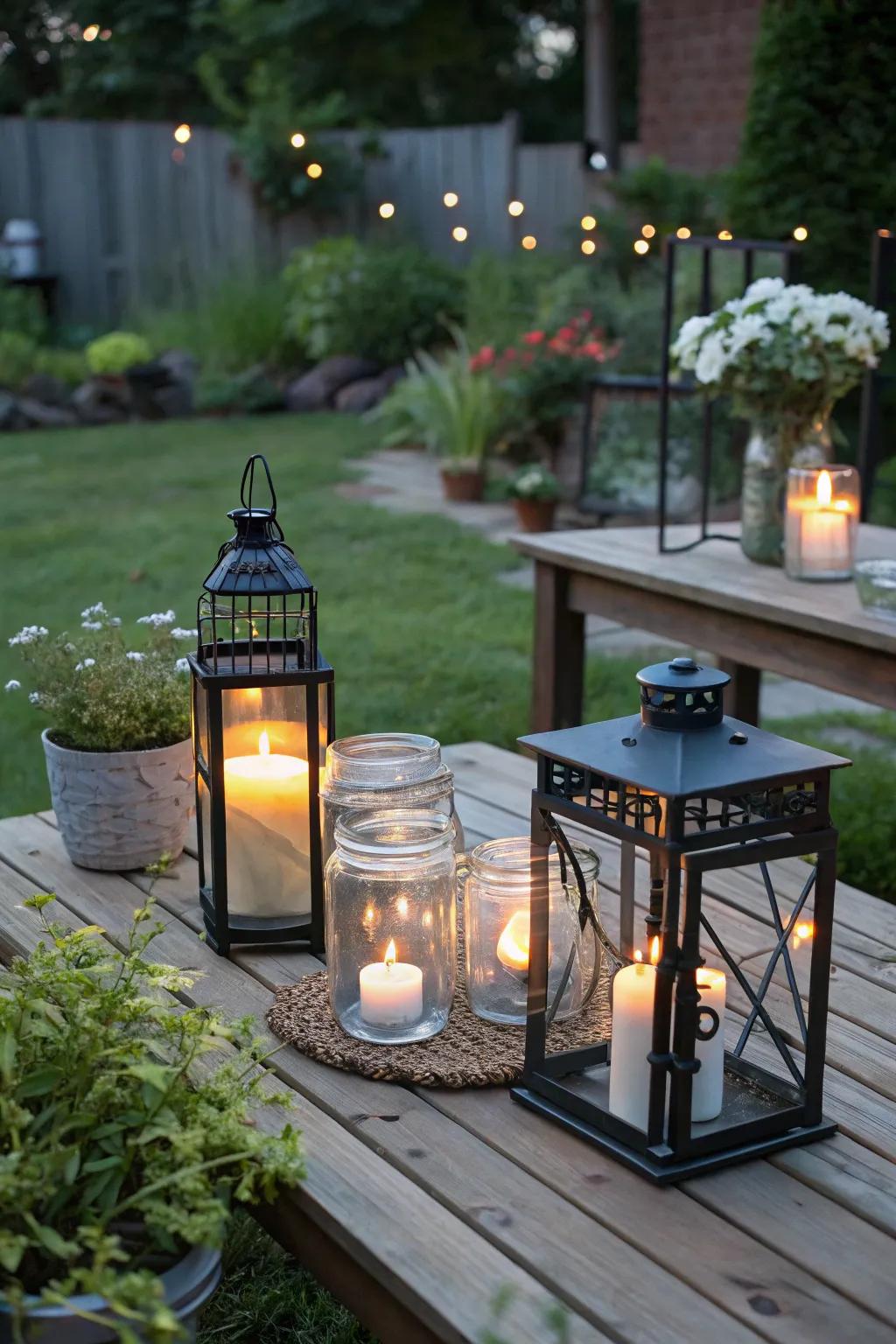 Votive lights in lanterns create a charming outdoor ambiance.
