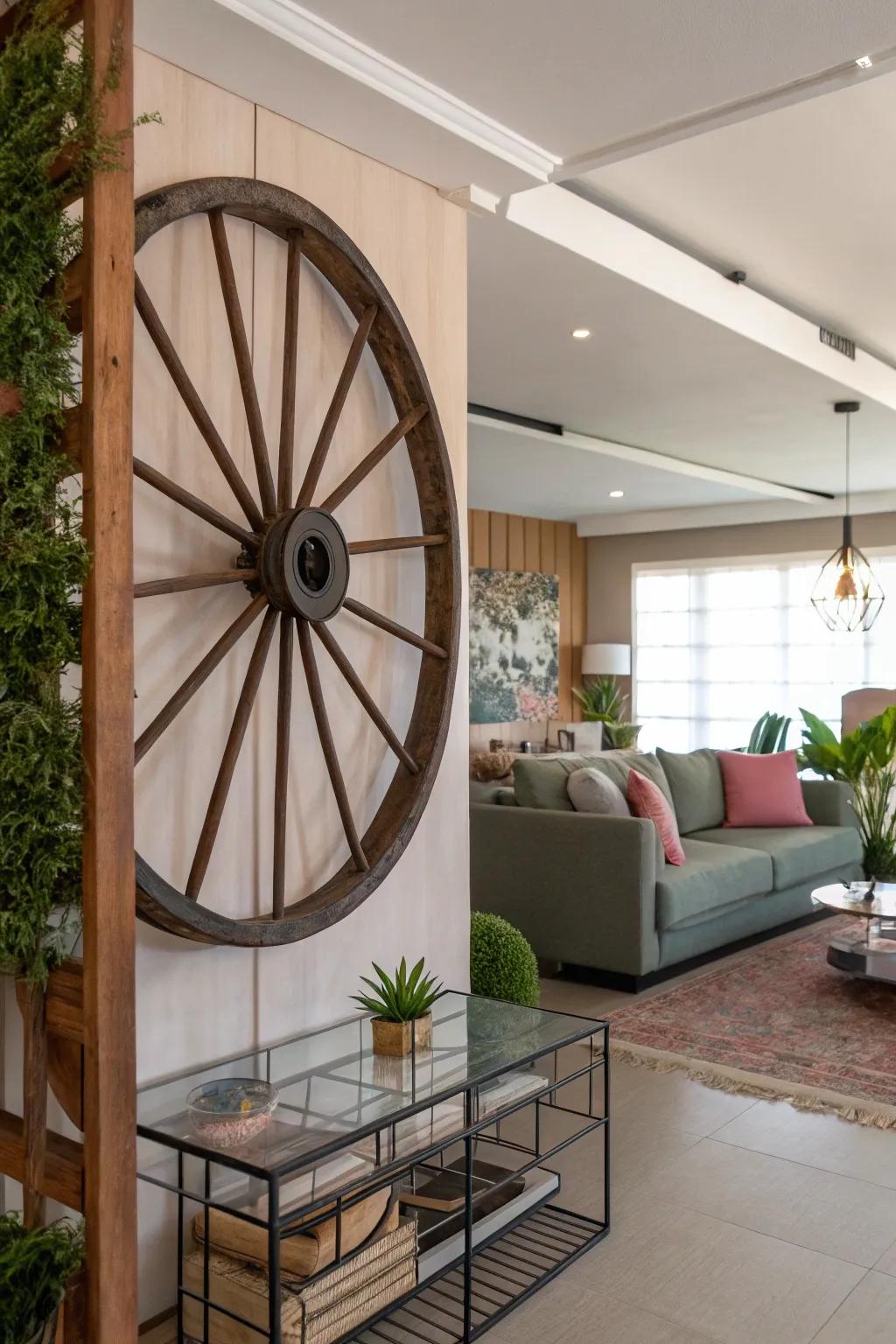 A cart wheel creatively serving as a room partition, adding interest to the space.