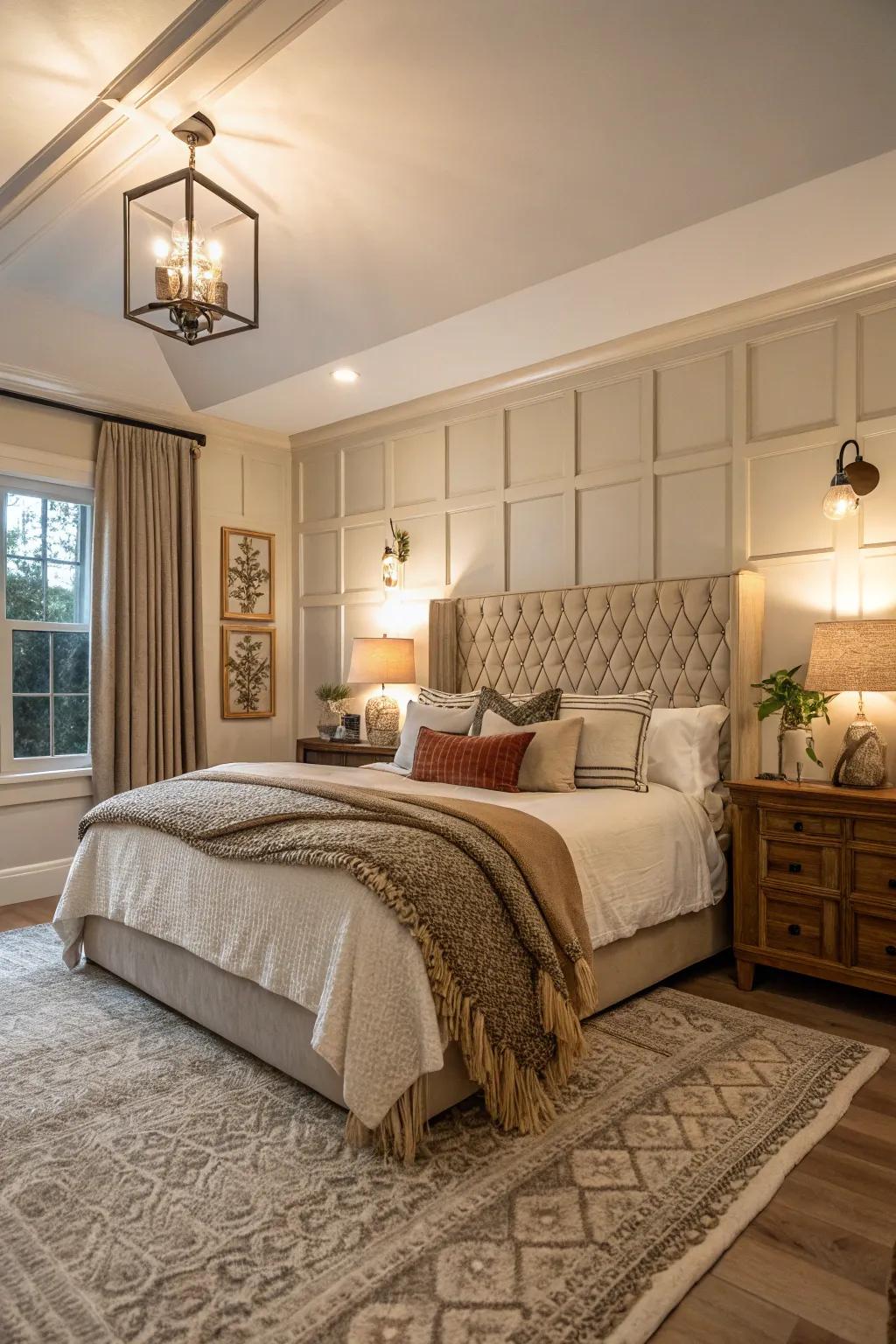 Layered textures accompanied by wainscoting establish an abundant and welcoming atmosphere.