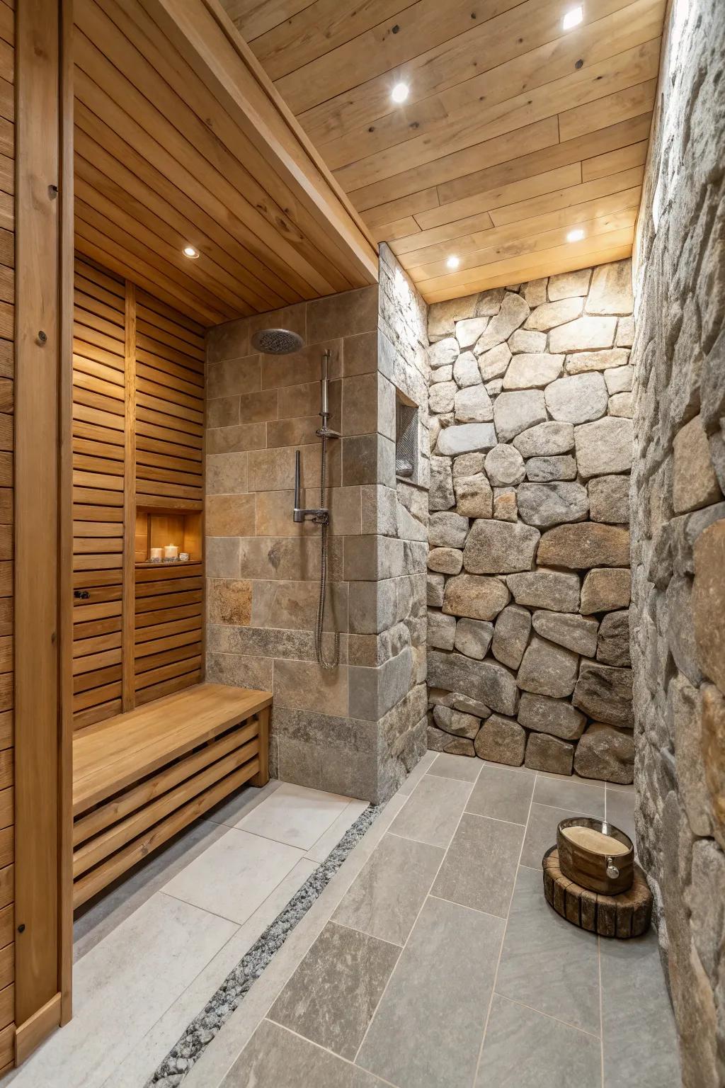 Natural elements creating a spa-like feel.