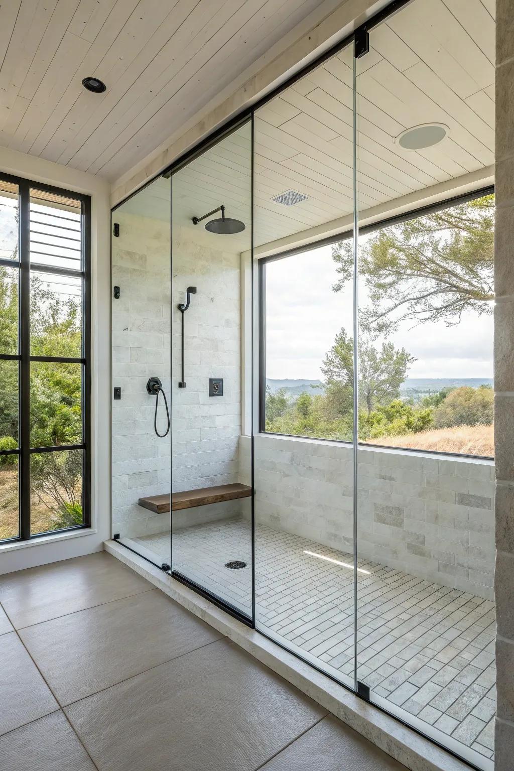 Glass windows in a walk-in shower, enhancing the minimalist aesthetic.