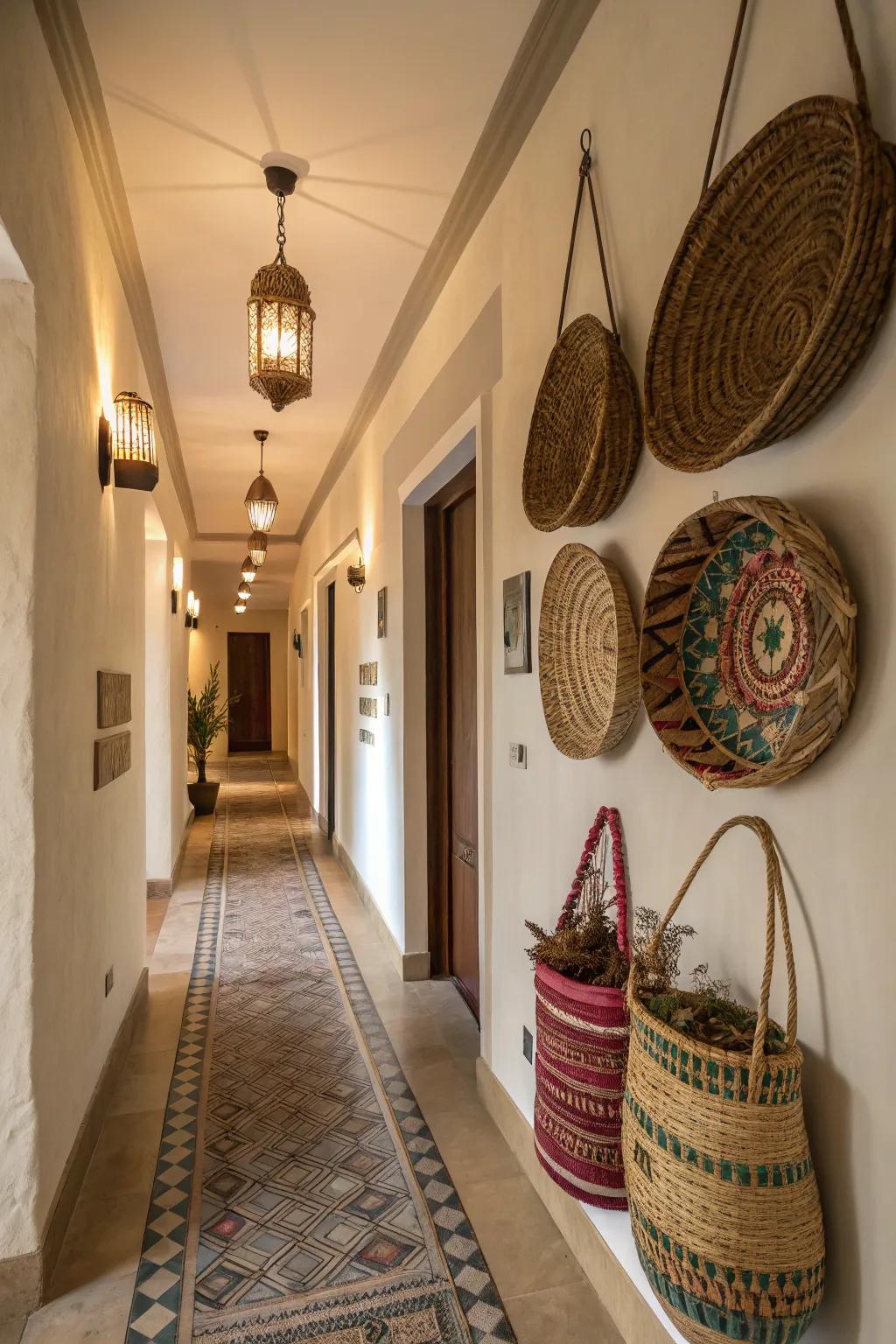 Add charm to hallways with decorative basket displays.