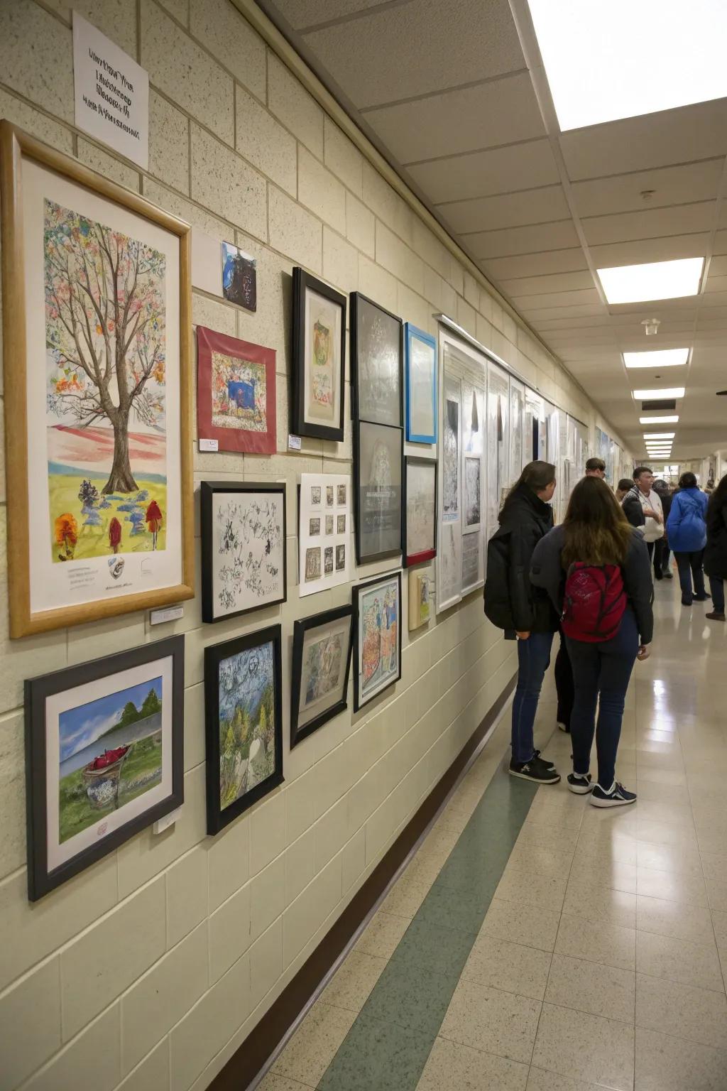 Student artwork showcased on a gallery wall in a school