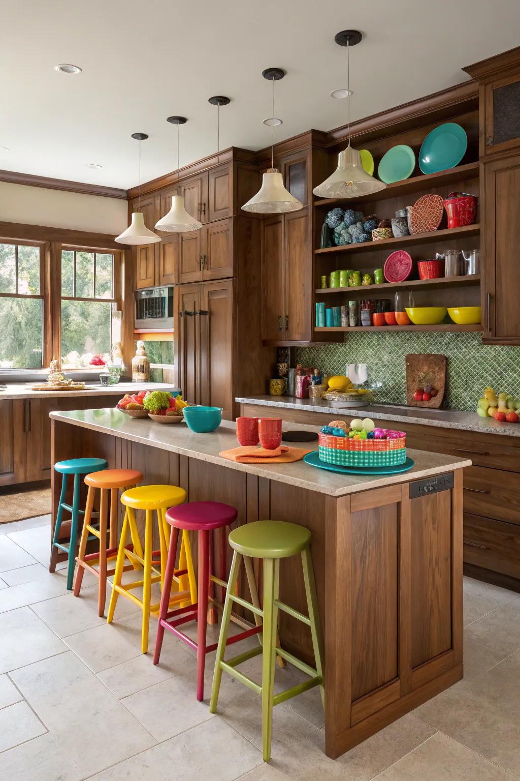 Colorful accents bring vibrancy to a pecan cooking area.