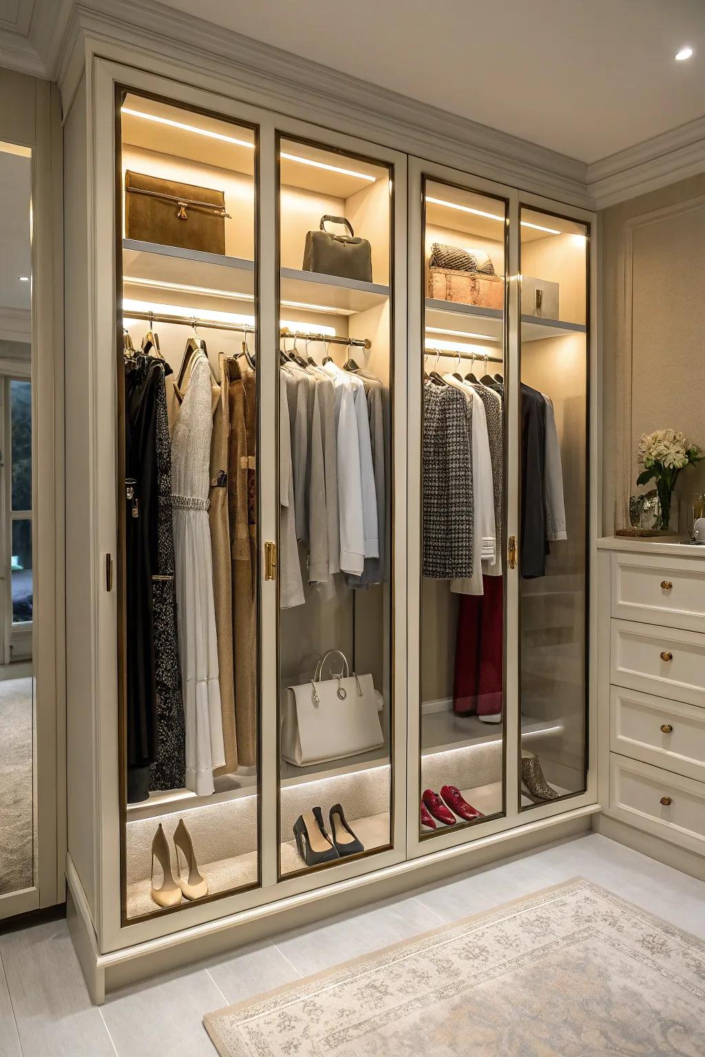 Glass fronts offer a chic way to showcase your wardrobe.