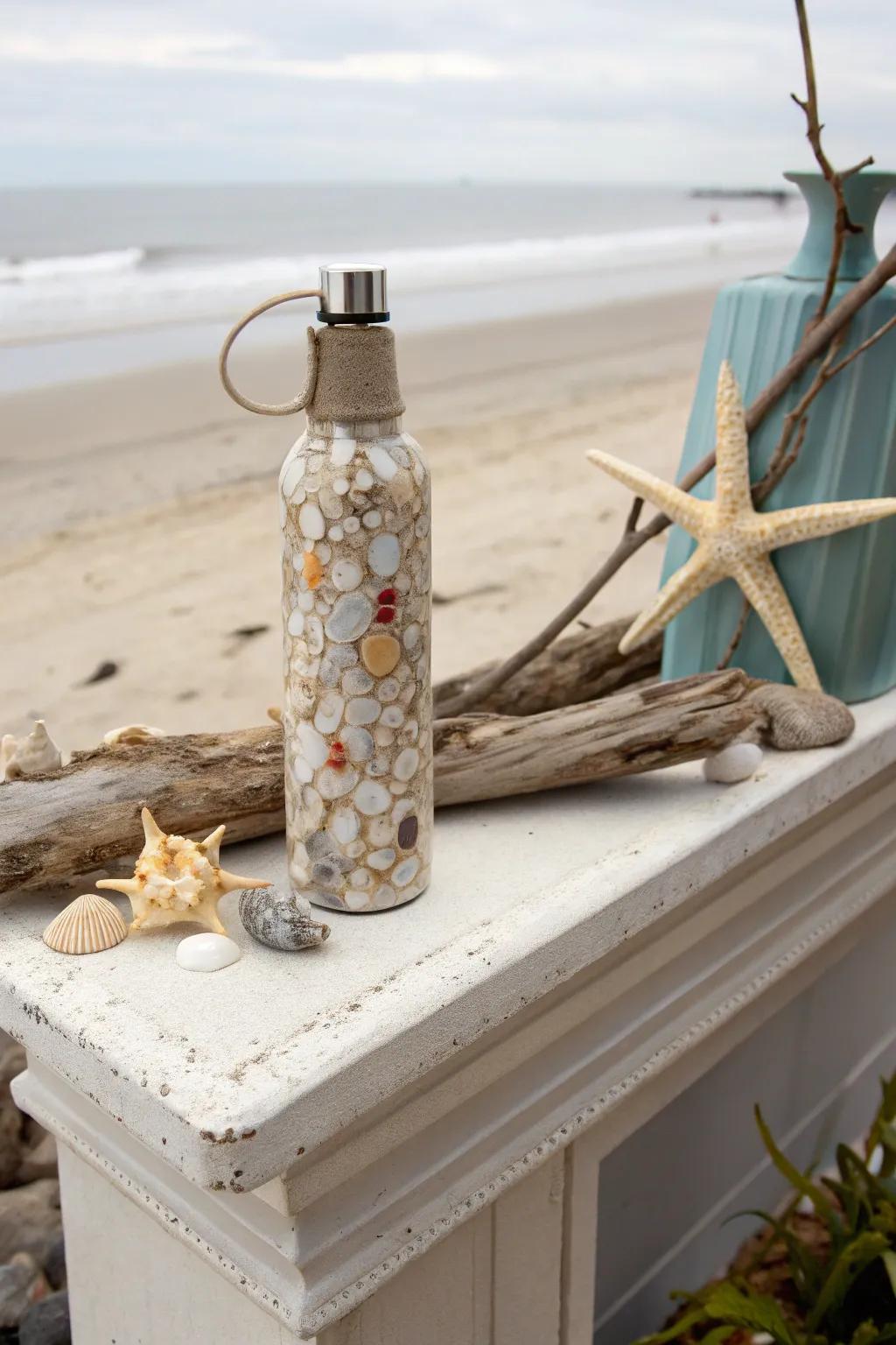 A hydration bottle embellished through seashells for a marine vibe.