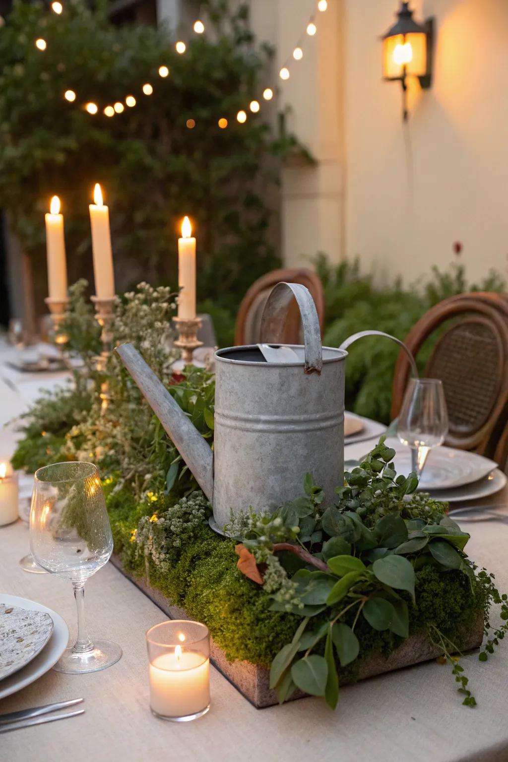 An ambient centerpiece utilizing a watering can and candles.
